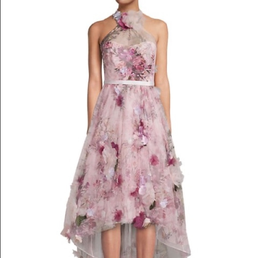 Marchesa Blush 3D Floral Shirred High-Low Gown